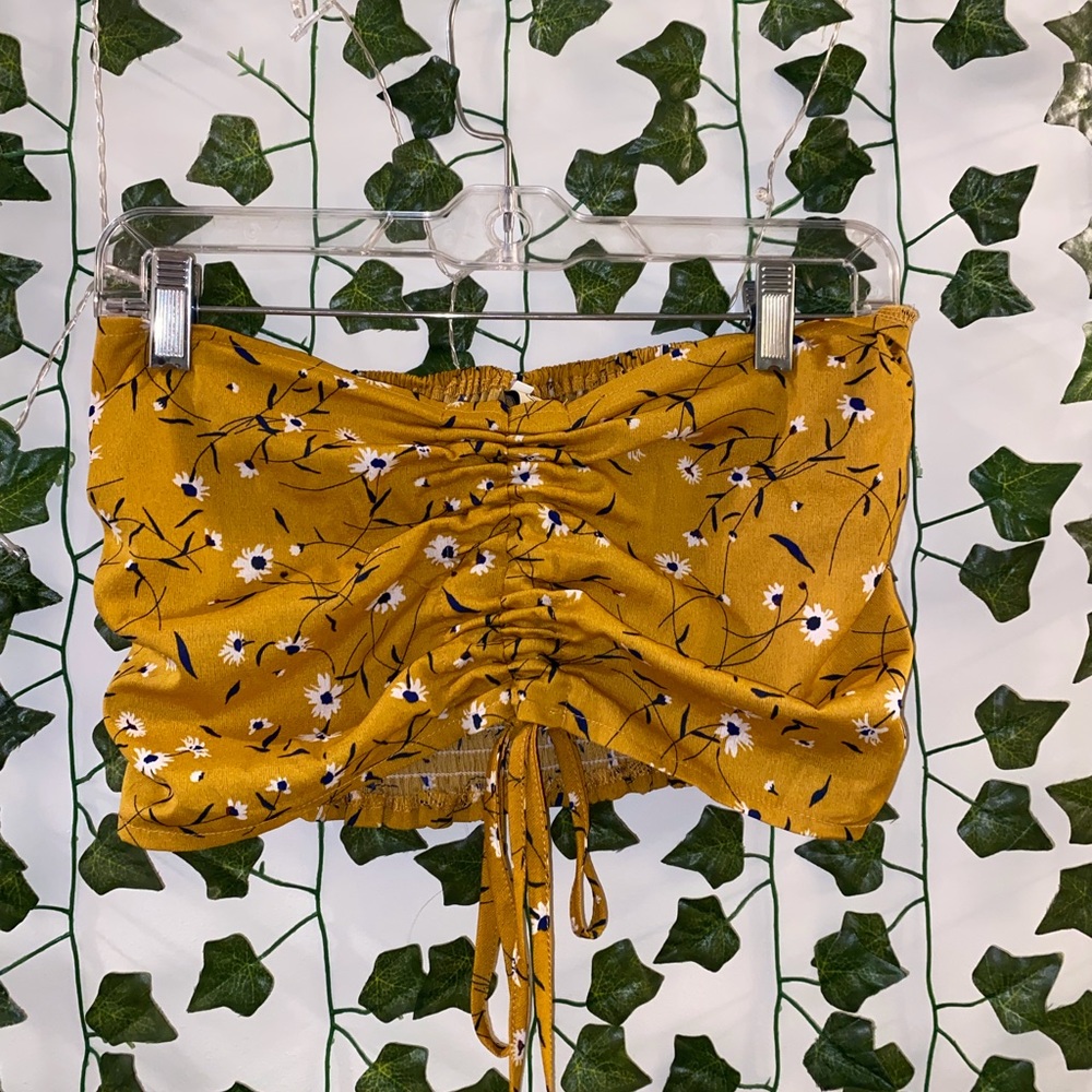 Mustard Colored Stretchy Tube Top With Flowers